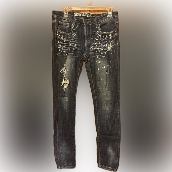 Machine Dark Blue Distressed Straight Leg Jeans with Rhinestone Accents - Picture 1 of 4